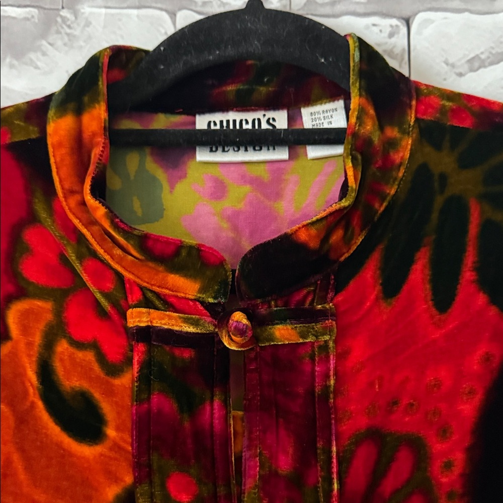 Chico's Red & Orange Floral Velvet Mandarin Button-Front Jacket - Picture 2 of 7